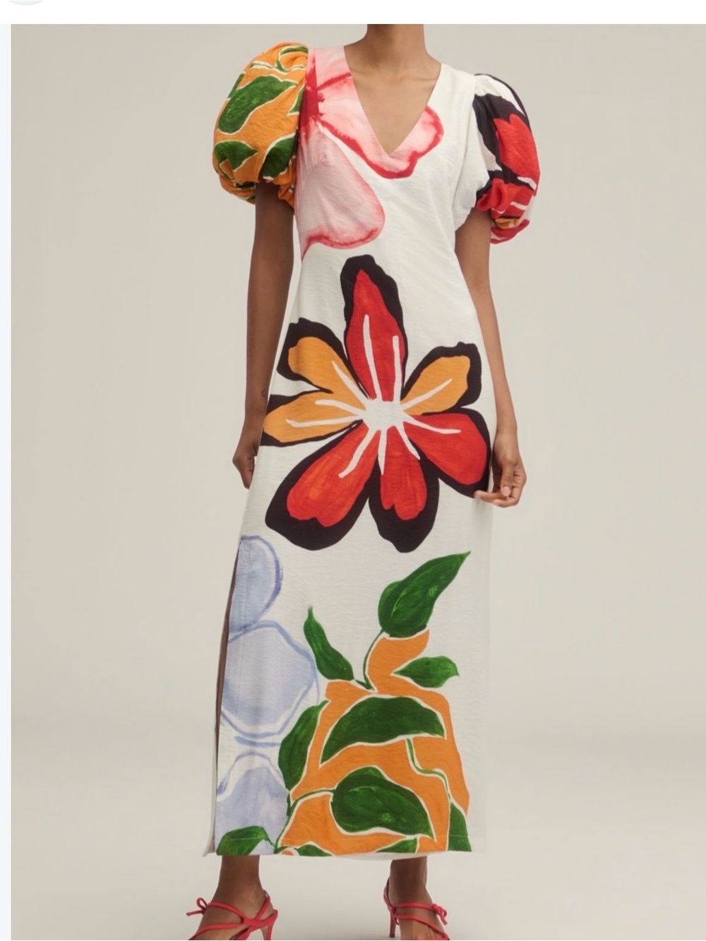 Anthropologie White Floral Puff-Sleeve Maxi Dress